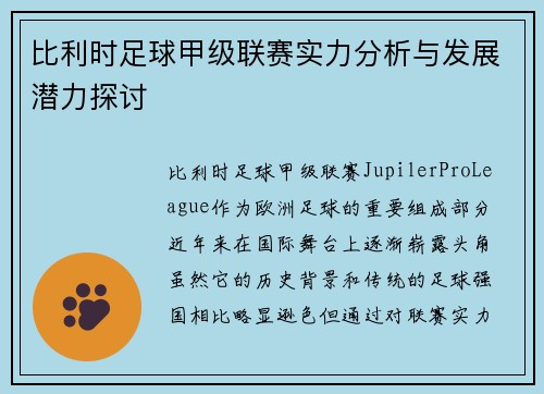 比利时足球甲级联赛实力分析与发展潜力探讨