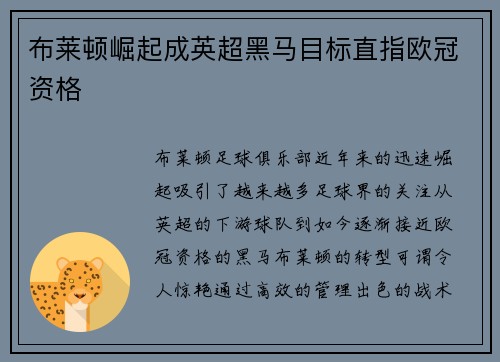 布莱顿崛起成英超黑马目标直指欧冠资格